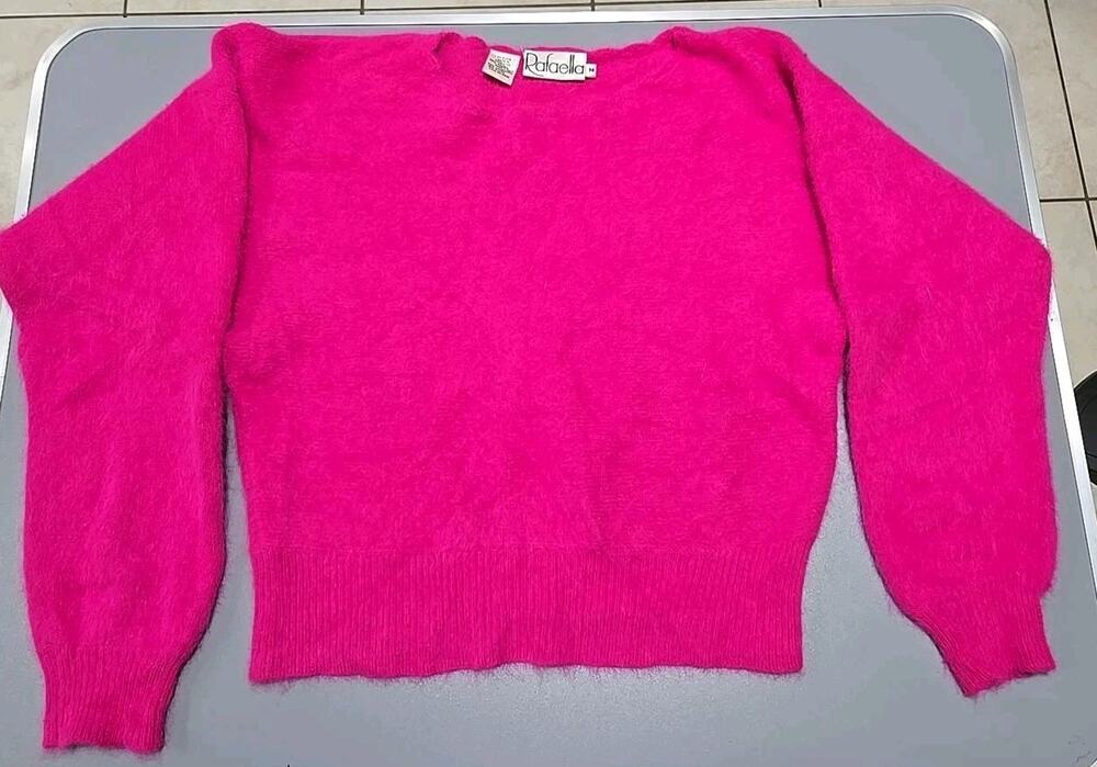 Rafaella Angora Lambswool Sweater M Hot Pink Fuzzy Cropped Vintage Style #0336